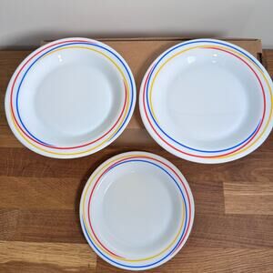 Arcopal France Fireworks Salad Dessert Plates 7.5" Set of 3 Red Blue Yellow Swir